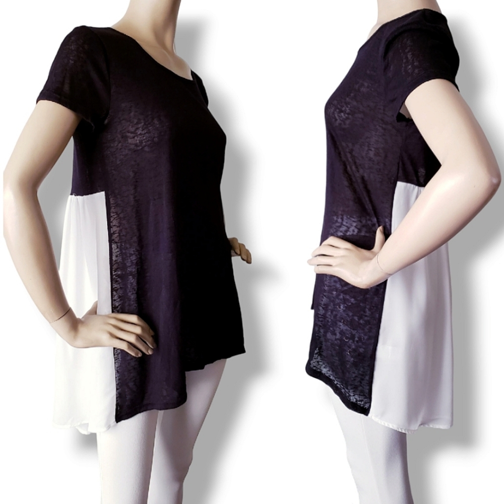 Jella C Black & White Burnout Chiffon High Low Mixed Media Top